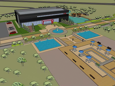 Modern Building Exterior Featuring Fountain Pool Seating Trees And Parking Lot 3d model