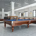 Spacious Billiard Room With Tile Decorated Front Desk Shelves Drinks Snacks And Billiard Tables