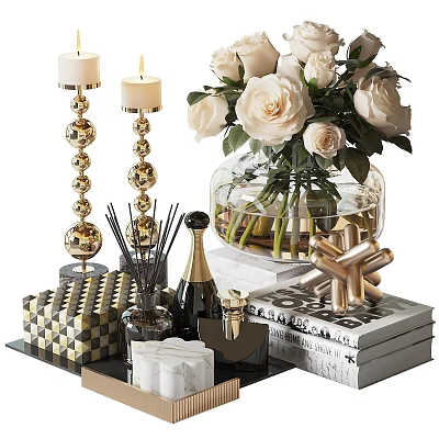 Elegant Decorative Ornament Set With White Roses Clear Vase Gold Candle Holders And Stacked Books 3d model