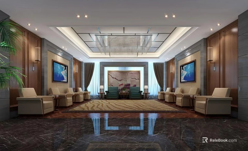 Luxurious Conference Room Interior With Wooden Walls Chandelier And Comfortable Sofas 3d model 