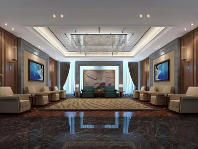 Luxurious Conference Room Interior With Wooden Walls Chandelier And Comfortable Sofas 3d model