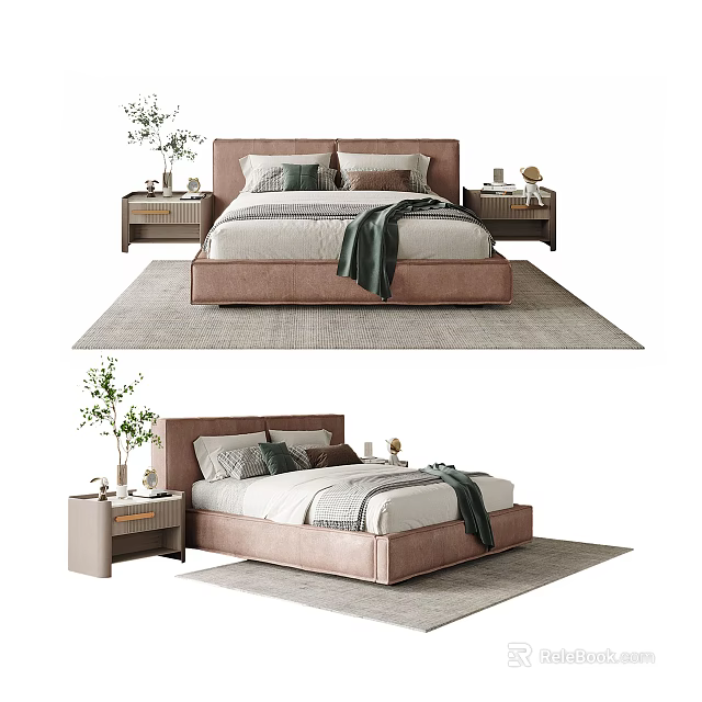 Modern Upholstered Double Bed with Bedside Tables Pillows Blanket Vase and Lamp on Rug 3d model 