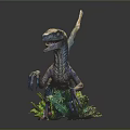 Lifelike Velociraptor Dinosaur Model In Dynamic Pose With Green Ferns And Sharp Claws