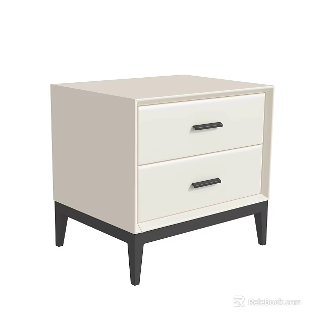 Modern White Bedside Table with Two Drawers Black Handles and Legs 3d model