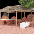 Kindergarten Outdoor Space With Thatched Roof Red Brick Structures And Sinks