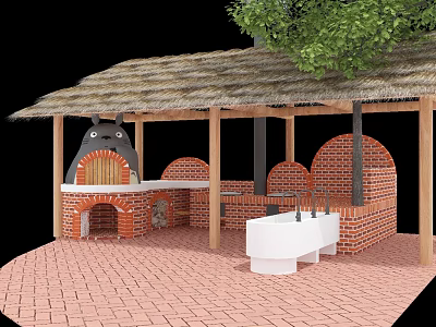 Kindergarten Outdoor Space With Thatched Roof Red Brick Structures And Sinks 3d model