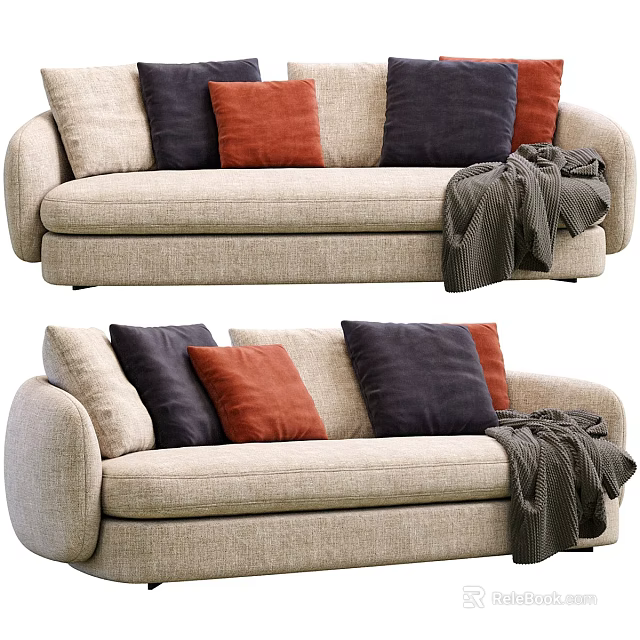 Beige Sectional Sofa with Orange Navy Pillows and Cozy Throw Blanket 3d model