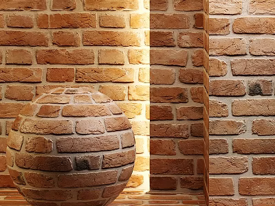Decorative Spherical Red Brick Component With Textured Surface Against Brick Wall 3d model