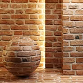Decorative Spherical Red Brick Component With Textured Surface Against Brick Wall 3d model
