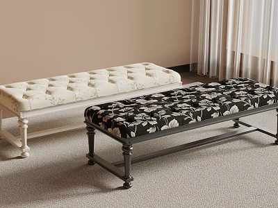 Elegant Cream Tufted and Black Floral Patterned Benches with Wooden and Metal Legs 3d model