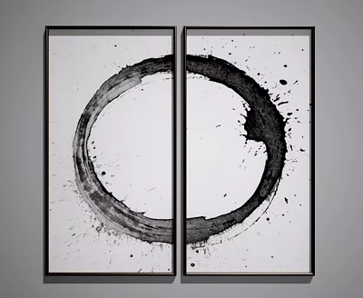 Abstract Painting Two Panel Black Ink Circular With Splash Accents White Background And Black Frames 3d model