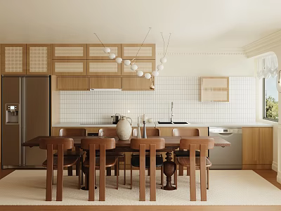Warm Modern Kitchen Interior With Wooden Cabinets Dining Table And Hanging Lights 3d model