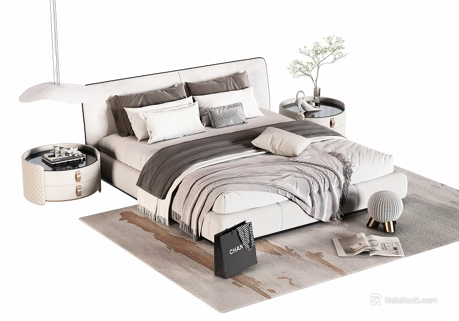 Modern Double Bed Bedroom Interior With Soft Pillows Comforter Bedside Tables And Decorative Plant 3d model 