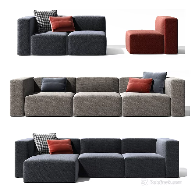 Modern Sofa Set With Gray Black Red Colors And Decorative Pillows 3d model