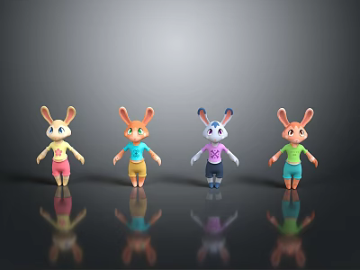 Four Colorful Cartoon Rabbit Figures In Different Outfits Standing With Reflections On Black Background 3d model