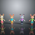 Four Colorful Cartoon Rabbit Figures In Different Outfits Standing With Reflections On Black Background