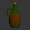 Colorful Glass Bottle With Cork Stopper Green Body Red Mesh Pattern And Handle