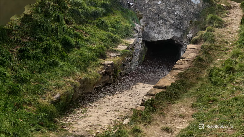 Stone Tunnel Entrance Surrounded by Lush Green Vegetation and Dirt Path 3d model 