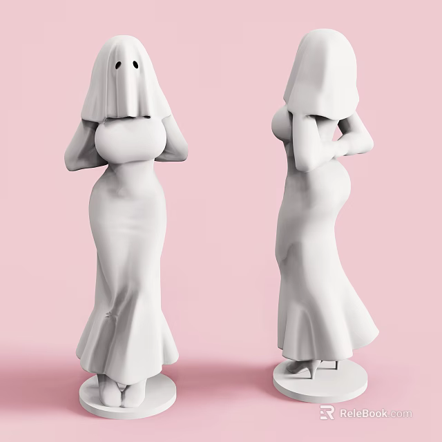 Two White Ghost Statues Showing Front and Back Views Against Pink Background 3d model 