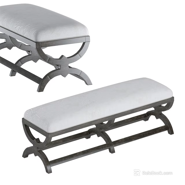 Elegant Curved Dark Wooden Sofa Bench With Soft White Upholstered Cushion For Living Room Use 3d model 