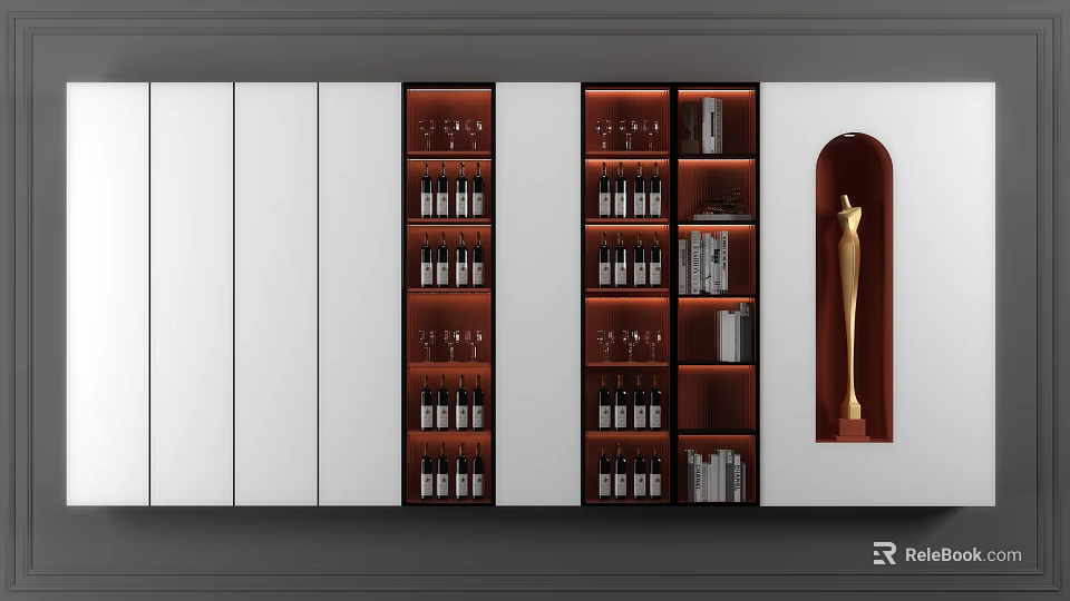 Modern Luxury Wine Cabinet With Multi Tiered Shelves Wine Bottles Glasses And Warm Lighting 3d model 