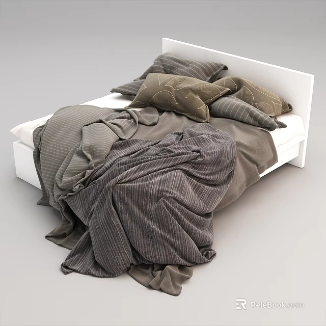 Modern Double Bed With White Frame Brown Gray Pillows And Striped Blankets 3d model 
