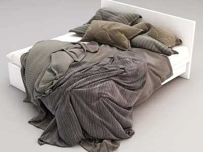 Modern Double Bed With White Frame Brown Gray Pillows And Striped Blankets 3d model