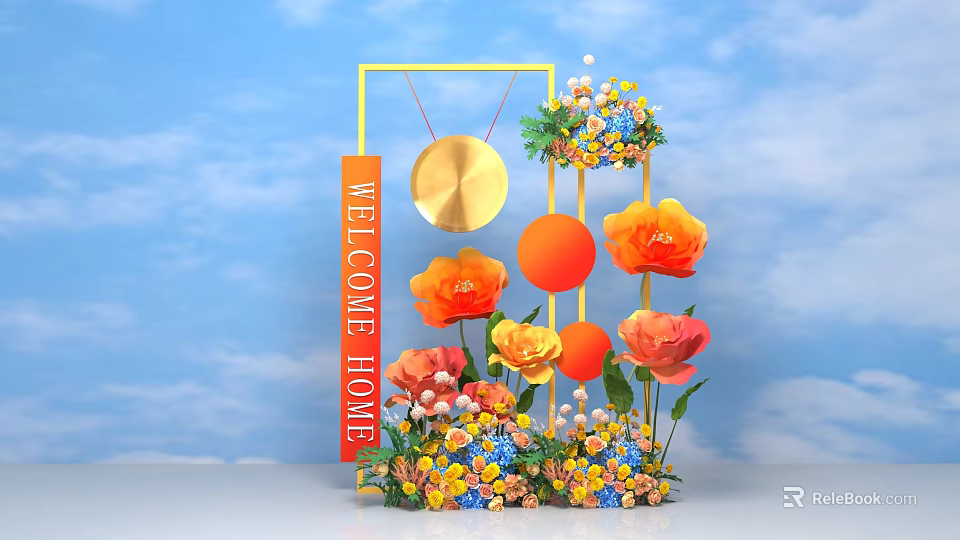 Floral Installation With Welcome Home Sign Golden Circular Decor And Colorful Flowers 3d model 