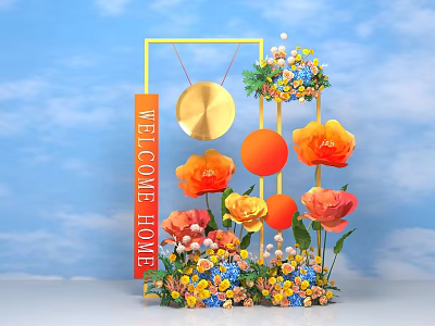 Floral Installation With Welcome Home Sign Golden Circular Decor And Colorful Flowers 3d model