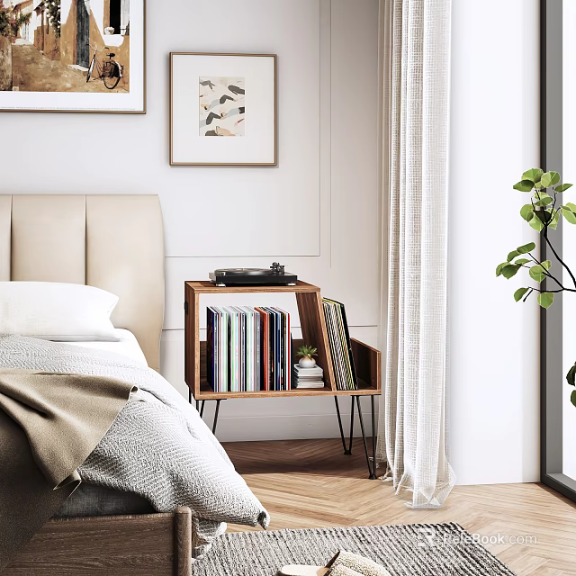 Modern Bedroom Interior With Wooden Nightstand Bookshelf Books Record Player And Decorative Paintings 3d model 