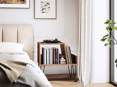 Modern Bedroom Interior With Wooden Nightstand Bookshelf Books Record Player And Decorative Paintings 3d model