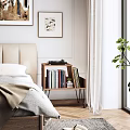 Modern Bedroom Interior With Wooden Nightstand Bookshelf Books Record Player And Decorative Paintings