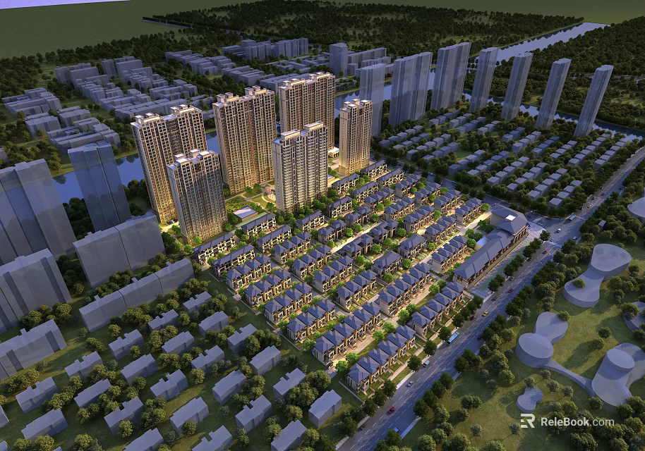 Bird's Eye View Planning High Rise Residential And Low Rise Buildings With Green Spaces Roads 3d model 