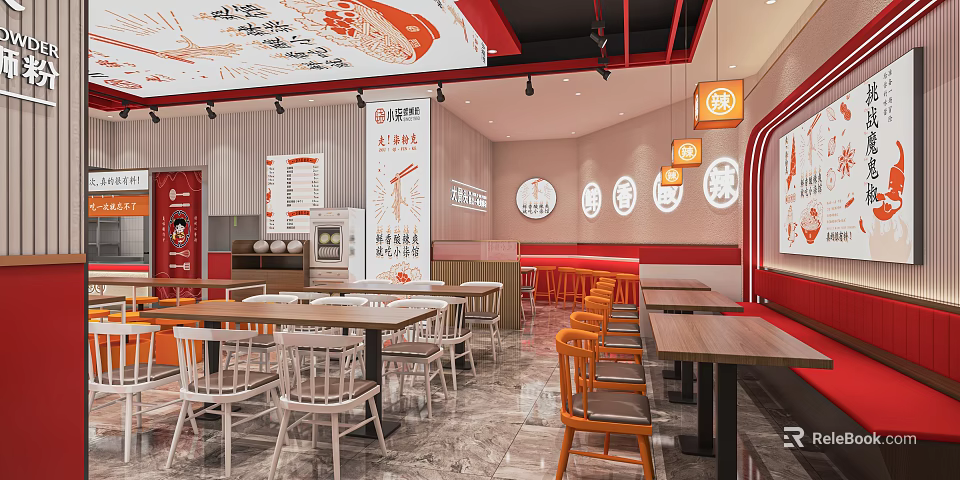 Stylish Red And White Restaurant Interior With Tables Chairs Circular Wall Decor And Pendant Lights 3d model 