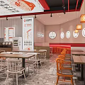 Stylish Red And White Restaurant Interior With Tables Chairs Circular Wall Decor And Pendant Lights