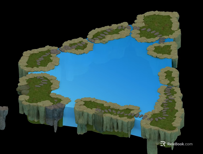 3D Rendered Pond Scene With Blue Water Green Grass And Rocky Edges 3d model 