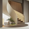 Modern Spiral Staircase Interior Design With Potted Plant And Decorative Stones