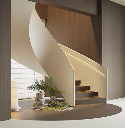 Modern Spiral Staircase Interior Design With Potted Plant And Decorative Stones 3d model