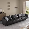 Living Room With Black Leather Sofa Gray Pillows Wooden Cabinet Wall Niches And Pendant Lamp