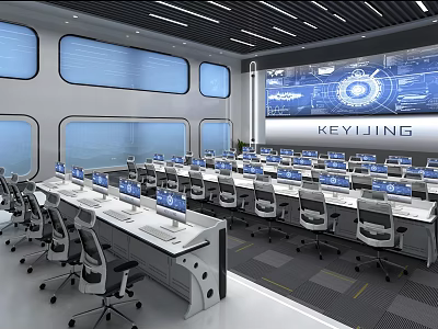 Modern Monitoring Room With Multiple Computers Desks Ergonomic Chairs Large Display Screen And Observation Windows 3d model