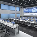 Modern Monitoring Room With Multiple Computers Desks Ergonomic Chairs Large Display Screen And Observation Windows