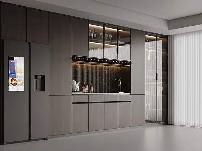 Modern Full Wall Sideboard Cabinet With Built In Refrigerator And Luxury Illuminated Wine Storage Design 3d model