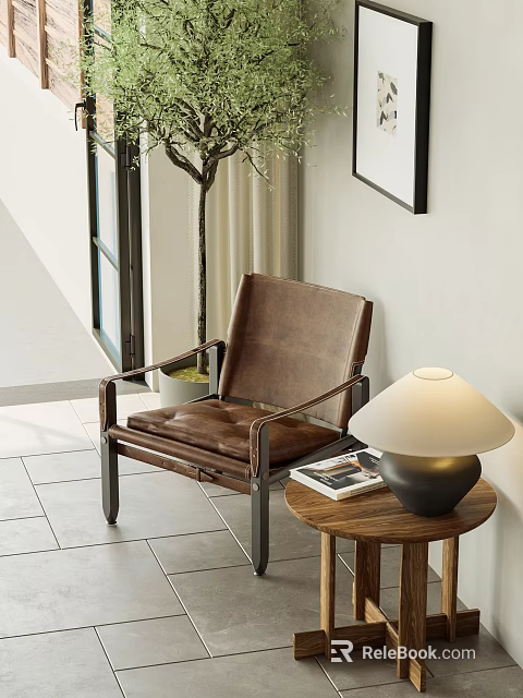 Brown Leather Leisure Chair With Metal Frame And Wooden Side Table With Lamp And Magazines 3d model 