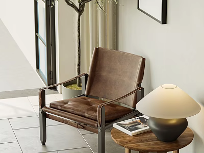 Brown Leather Leisure Chair With Metal Frame And Wooden Side Table With Lamp And Magazines 3d model