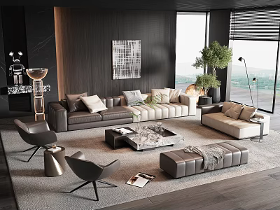 Modern Sofa and Coffee Table Set With Gray Fabric Sofa Marble Tabletop And Accent Chairs 3d model
