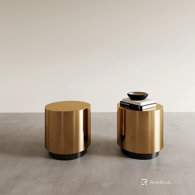 Two Gold Round Side Tables With Smooth Metal Surface And Black Base 3d model