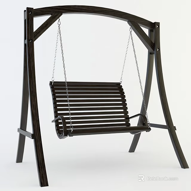 Black Hanging Swing Chair With Slatted Seat And Metal Frame Design 3d model 
