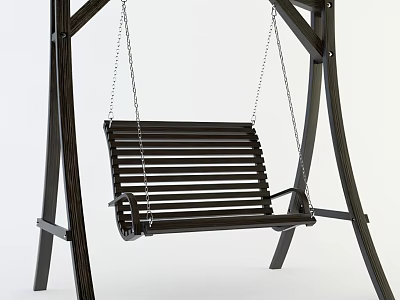 Black Hanging Swing Chair With Slatted Seat And Metal Frame Design 3d model