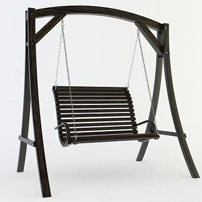 Black Hanging Swing Chair With Slatted Seat And Metal Frame Design 3d model