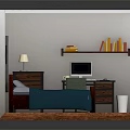 Cozy Bedroom Interior Design With Blue Bedspread Wooden Nightstand Table Lamp Computer Desk And Bookshelf